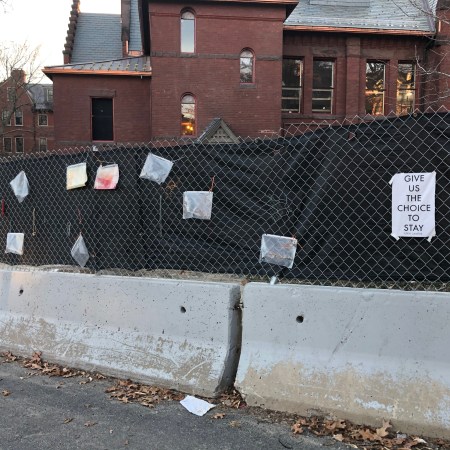 COVID-19 signs on fence at Smith College